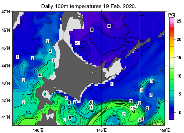 北海道周辺海域の深さ100mの水温分布図（2月19日）