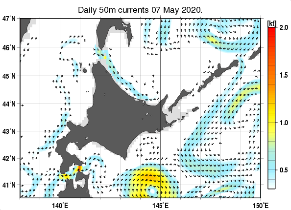 北海道周辺海域の深さ50mの海流分布図（5月7日）