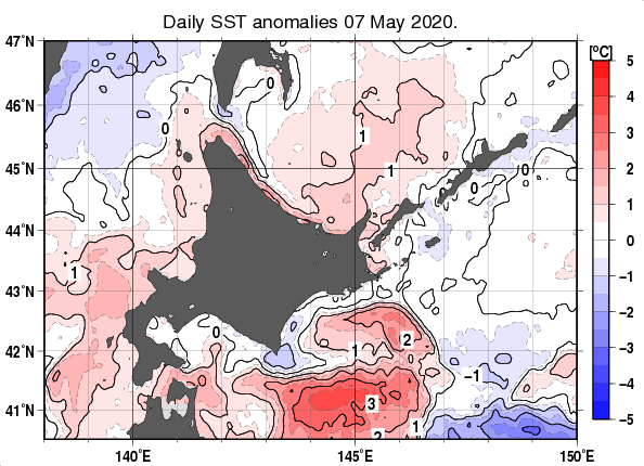 北海道周辺海域の海面水温平年差分布図（5月7日）
