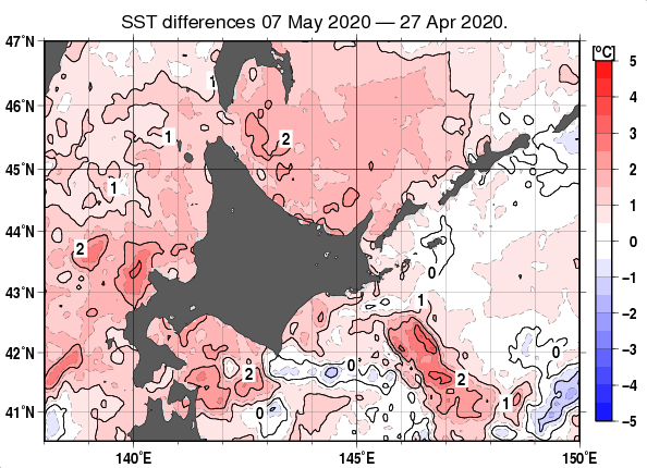 北海道周辺海域の10日間の海面水温変化量分布図（5月7日）