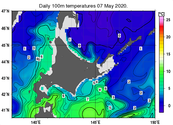 北海道周辺海域の深さ100mの水温分布図（5月7日）