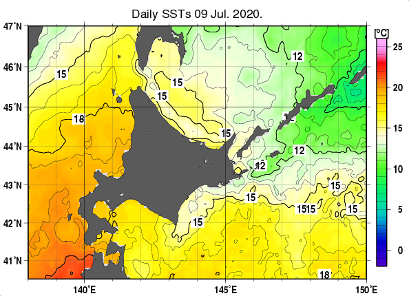 北海道周辺海域の海面水温分布図（7月9日）