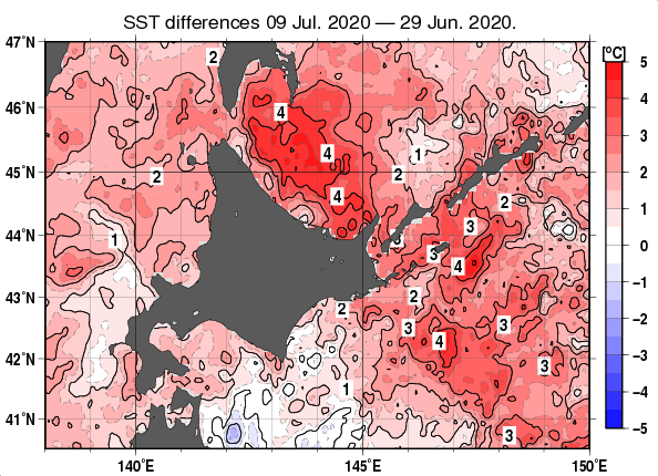 北海道周辺海域の10日間の海面水温変化量分布図（7月9日）