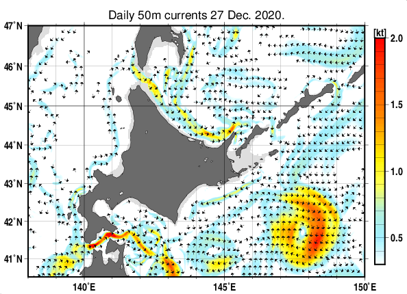 北海道周辺海域の深さ50mの海流分布図（12月27日）