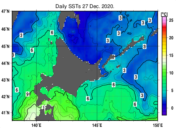北海道周辺海域の海面水温分布図（12月27日）