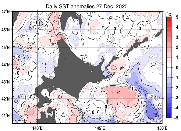 北海道周辺海域の海面水温平年差分布図（12月27日）