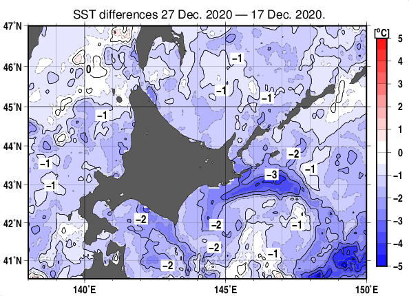 北海道周辺海域の10日間の海面水温変化量分布図（12月27日）