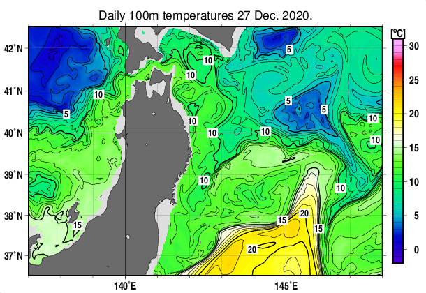 東北周辺海域の深さ100mの水温分布図（12月27日）