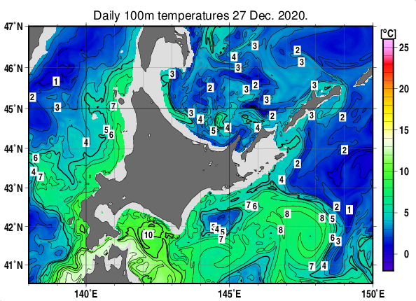 北海道周辺海域の深さ100mの水温分布図（12月27日）
