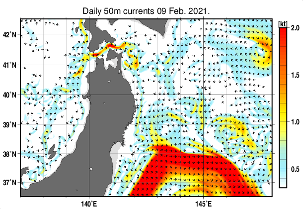 東北周辺海域の深さ50mの海流分布図（2月9日）