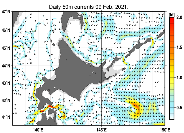 北海道周辺海域の深さ50mの海流分布図（2月9日）