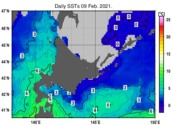 北海道周辺海域の海面水温分布図（2月9日）