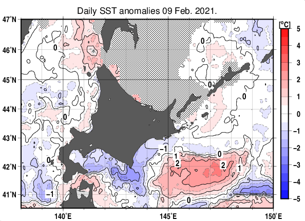 北海道周辺海域の海面水温平年差分布図（2月9日）