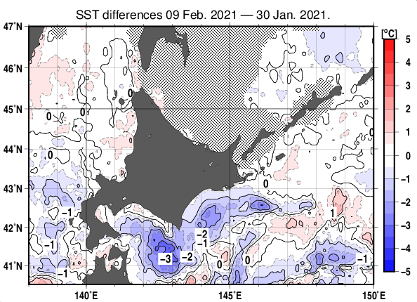 北海道周辺海域の10日間の海面水温変化量分布図（2月9日）