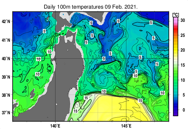 東北周辺海域の深さ100mの水温分布図（2月9日）