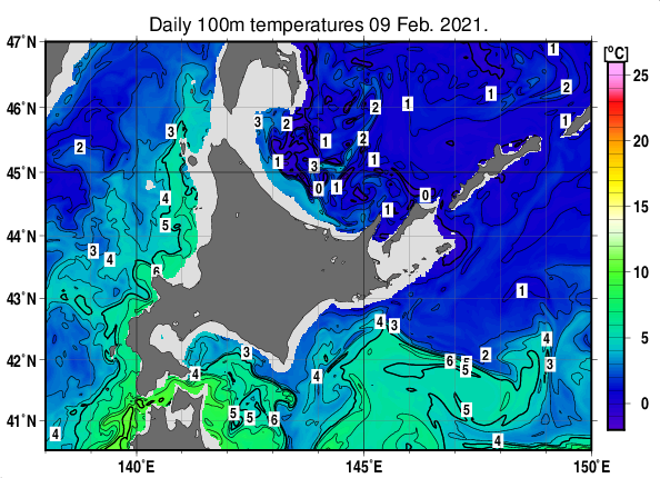 北海道周辺海域の深さ100mの水温分布図（2月9日）