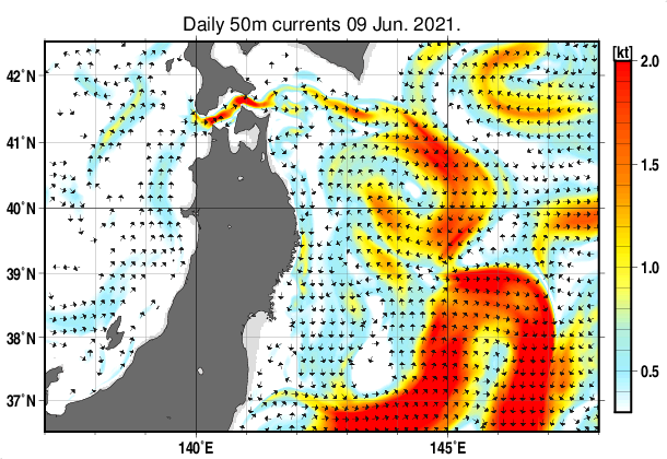 東北周辺海域の深さ50mの海流分布図（6月9日）