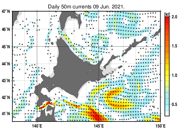 北海道周辺海域の深さ50mの海流分布図（6月9日）