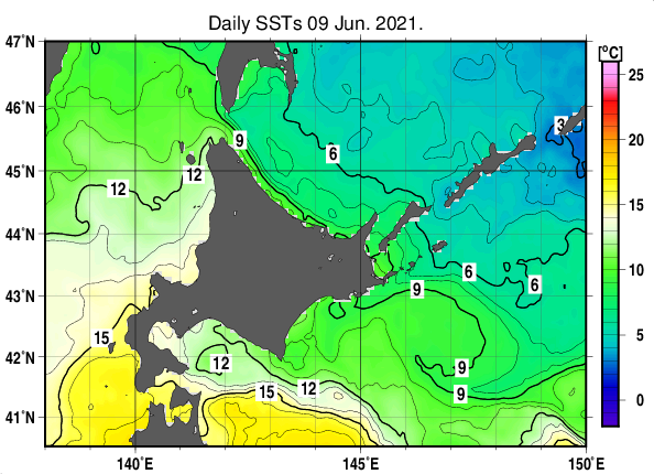北海道周辺海域の海面水温分布図（6月9日）