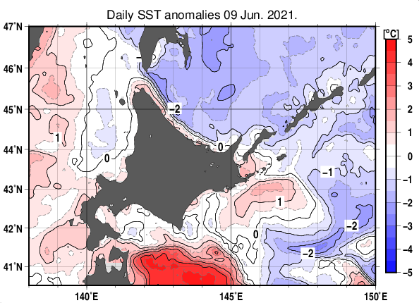 北海道周辺海域の海面水温平年差分布図（6月9日）