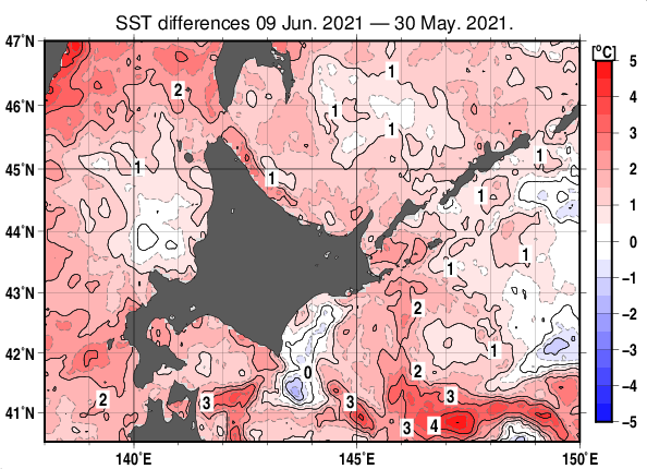 北海道周辺海域の10日間の海面水温変化量分布図（6月9日）