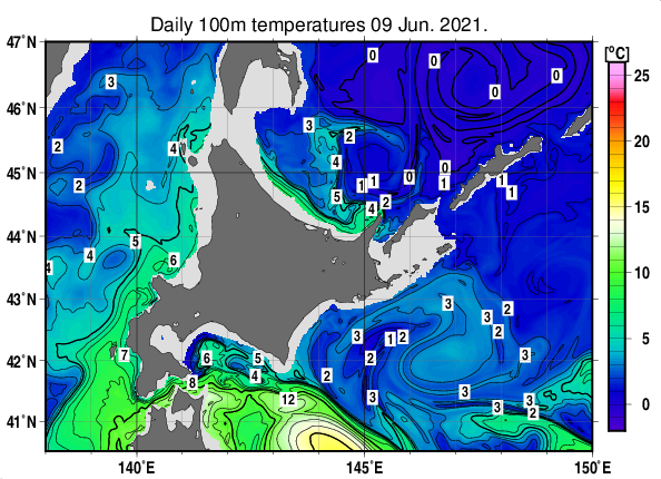 北海道周辺海域の深さ100mの水温分布図（6月9日）