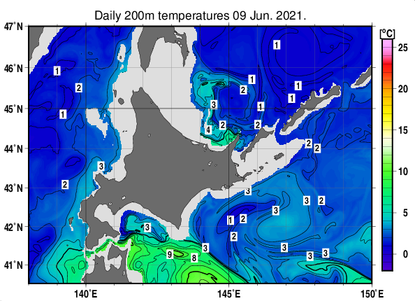北海道周辺海域の深さ200mの水温分布図（6月9日）