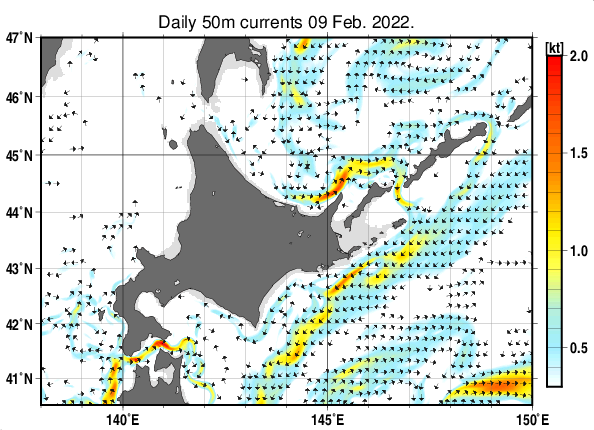 北海道周辺海域の深さ50mの海流分布図（2月9日）