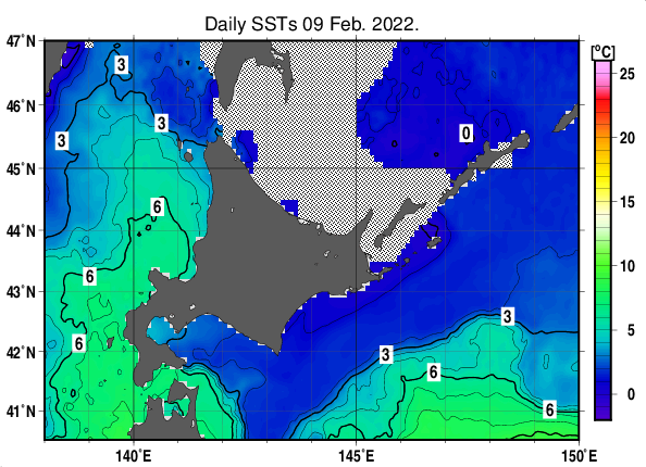 北海道周辺海域の海面水温分布図（2月9日）