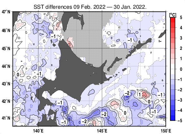北海道周辺海域の10日間の海面水温変化量分布図（2月9日）