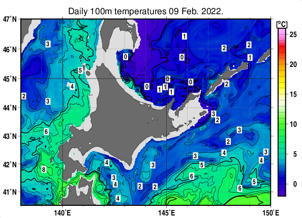 北海道周辺海域の深さ100mの水温分布図（2月9日）