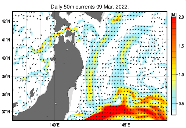 東北周辺海域の深さ50mの海流分布図（3月9日）