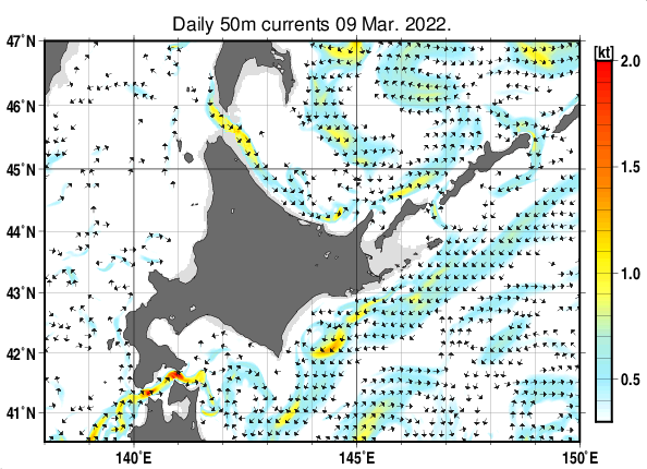 北海道周辺海域の深さ50mの海流分布図（3月9日）