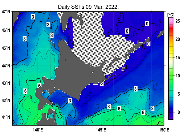 北海道周辺海域の海面水温分布図（3月9日）