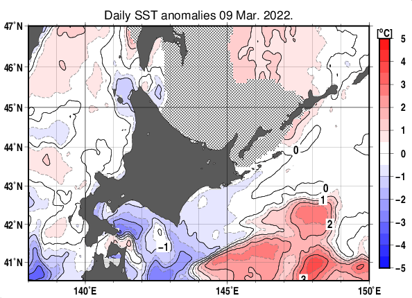 北海道周辺海域の海面水温平年差分布図（3月9日）