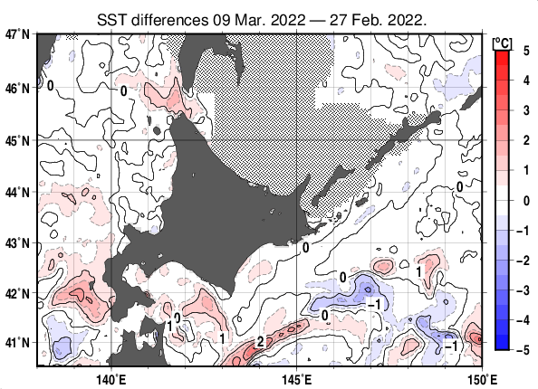 北海道周辺海域の10日間の海面水温変化量分布図（3月9日）
