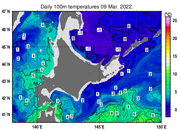 北海道周辺海域の深さ100mの水温分布図（3月9日）
