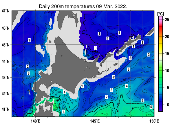 北海道周辺海域の深さ200mの水温分布図（3月9日）