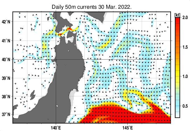 東北周辺海域の深さ50mの海流分布図（3月30日）