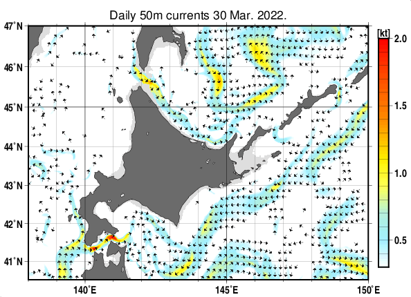 北海道周辺海域の深さ50mの海流分布図（3月30日）