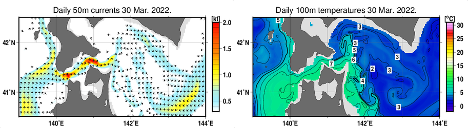 津軽暖流域の海況図（3月30日）