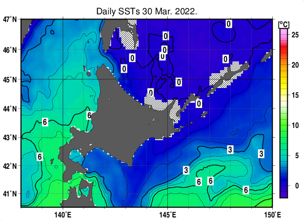 北海道周辺海域の海面水温分布図（3月30日）