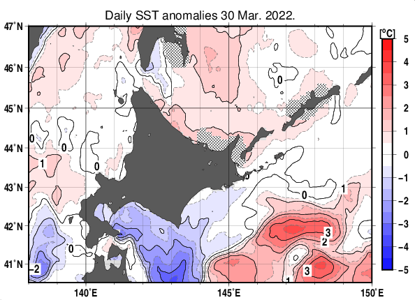 北海道周辺海域の海面水温平年差分布図(3月30日)