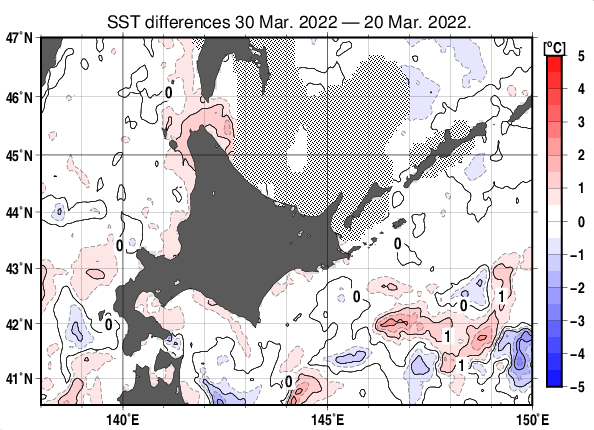 北海道周辺海域の10日間の海面水温変化量分布図（3月30日）