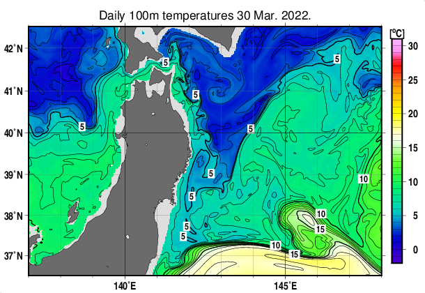 東北周辺海域の深さ100mの水温分布図（3月30日）