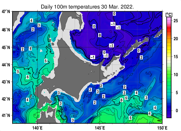 北海道周辺海域の深さ100mの水温分布図(3月30日)