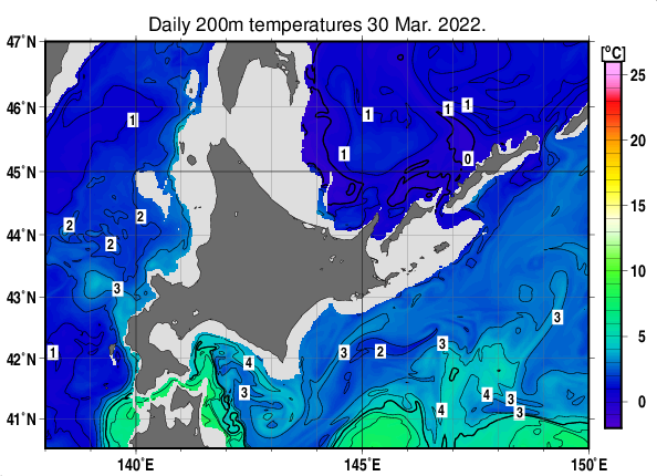 北海道周辺海域の深さ200mの水温分布図（3月30日）