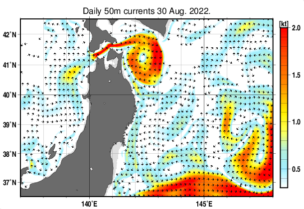 東北周辺海域の深さ50mの海流分布図（8月30日）