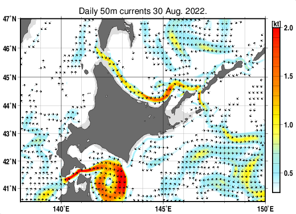 北海道周辺海域の深さ50mの海流分布図（8月30日）