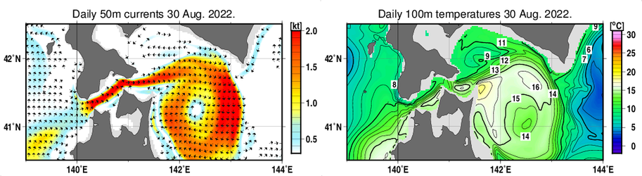 津軽暖流域の海況図（8月30日）